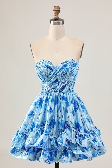 Floral Printed Blue A-Line Strapless Homecoming Dress With Ruffles